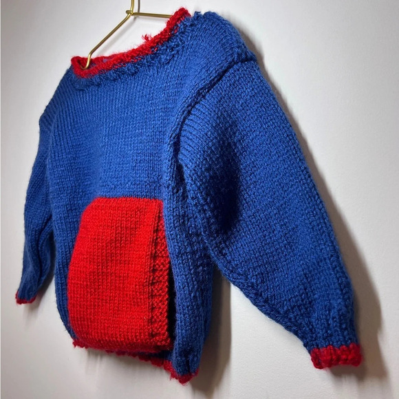 Handmade Knit Baby Sweater Red and Blue Pullover - Picture 2 of 7